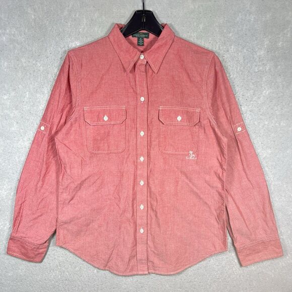 LRL Ralph Lauren Jeans Co Shirt Women Medium Red Embroidered Button Long Sleeve - Picture 1 of 13